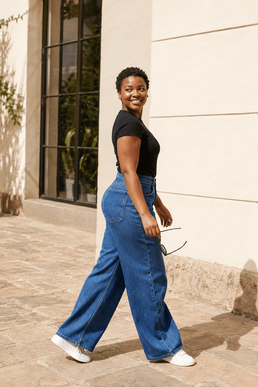 AI-created fashion concept: a woman walking in wide-leg jeans and a black tee